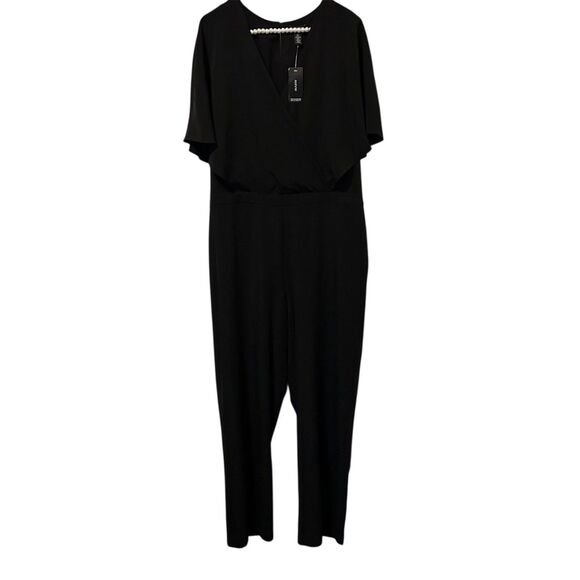 Alfani Jumpsuit Womens 16 Black Cape Sleeve Surplice Overlay Stretch Evening - Picture 1 of 14